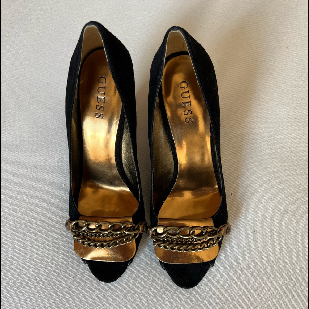 Guess black suede heels with gold plate & chains